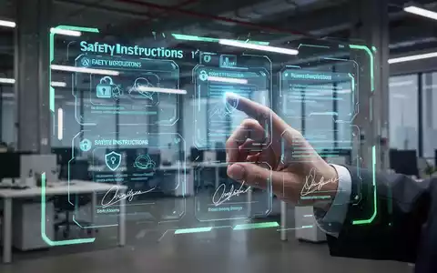 Eine Hand tippt auf eine transparente, leuchtende Oberfläche, die digitale Dokumente und Symbole für Arbeitssicherheit anzeigt. - Foto: über boerse-global.de