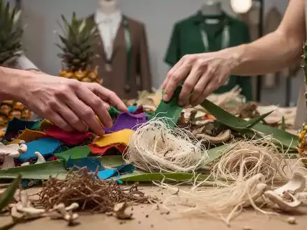 Nahaufnahme von Händen, die farbige Textilreste und natürliche Materialien sortieren, mit verschwommenen nachhaltigen Modeprodukten im Hintergrund. - Foto: über boerse-global.de