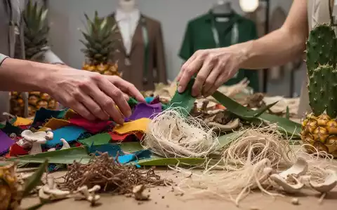 Nahaufnahme von Händen, die farbige Textilreste und natürliche Materialien sortieren, mit verschwommenen nachhaltigen Modeprodukten im Hintergrund. - Foto: über boerse-global.de