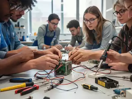 Menschen reparieren gemeinsam Elektronikgeräte in einem Repair Café, Fokus auf Hände und Werkzeuge auf einem Tisch. - Foto: über boerse-global.de