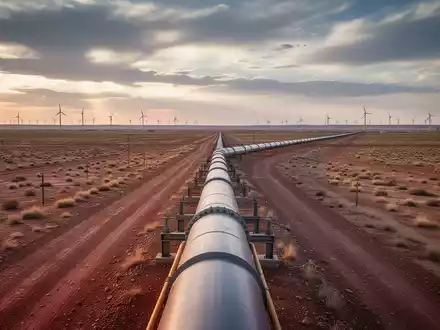 Eine lange, neu installierte Pipeline in einer weiten Wüstenlandschaft des Permian Basin unter dramatischem Himmel. - Foto: über boerse-global.de