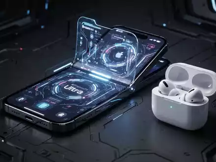 A futuristic, partially folded iPhone Ultra next to AirPods Pro in their charging case, illuminated by soft blue light. - Foto: über boerse-global.de