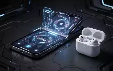 A futuristic, partially folded iPhone Ultra next to AirPods Pro in their charging case, illuminated by soft blue light. - Foto: über boerse-global.de