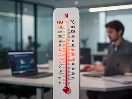 Ein Thermometer zeigt hohe Temperaturen an, während im Hintergrund ein Büroarbeitsplatz mit Laptop verschwommen zu sehen ist. - Foto: über boerse-global.de