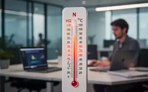 Ein Thermometer zeigt hohe Temperaturen an, während im Hintergrund ein Büroarbeitsplatz mit Laptop verschwommen zu sehen ist. - Foto: über boerse-global.de