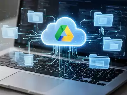 A glowing Google Drive logo seamlessly integrated into a holographic desktop file system overlayed on a laptop keyboard, representing cloud-to-local data flow. - Foto: über boerse-global.de