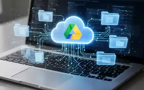 A glowing Google Drive logo seamlessly integrated into a holographic desktop file system overlayed on a laptop keyboard, representing cloud-to-local data flow. - Foto: über boerse-global.de
