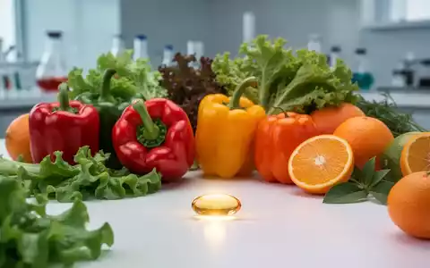 Nahaufnahme von bunten, frischen Früchten und Gemüse mit einer einzelnen Vitamin-D-Kapsel, die das Licht einfängt. - Foto: über boerse-global.de
