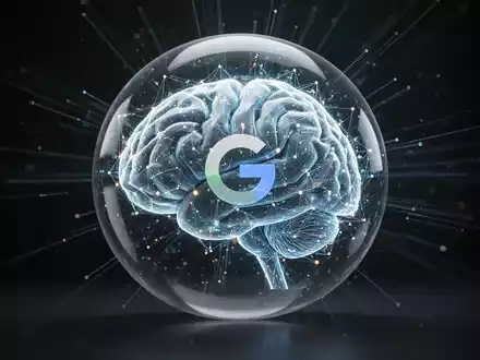 A glowing, futuristic AI brain made of interconnected data points, with a subtle Google 'G' logo, encased in a transparent sphere. - Foto: über boerse-global.de