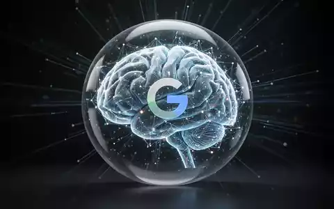 A glowing, futuristic AI brain made of interconnected data points, with a subtle Google 'G' logo, encased in a transparent sphere. - Foto: über boerse-global.de