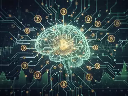 An abstract image showing glowing neural network pathways intertwined with financial data visualizations and digital currency symbols, against a dark background. - Foto: über boerse-global.de
