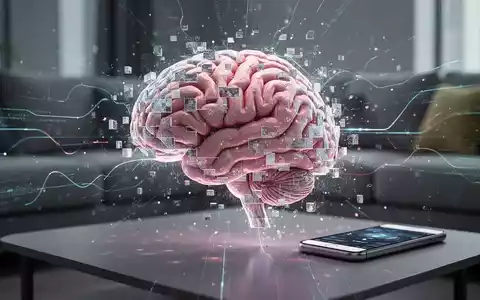 Ein stilisiertes, teilweise pixeliges Gehirn mit digitalen Linien und Datenströmen, im Hintergrund ein unscharfes Wohnzimmer mit Smartphone. - Foto: über boerse-global.de