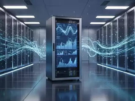 Ein futuristischer Serverraum mit leuchtenden Datenströmen und einem eleganten Server-Rack, das Finanzdaten visualisiert. - Foto: über boerse-global.de