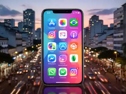A smartphone screen showing diverse app icons against a blurred background of a Brazilian city, symbolizing new app marketplaces. - Foto: über boerse-global.de