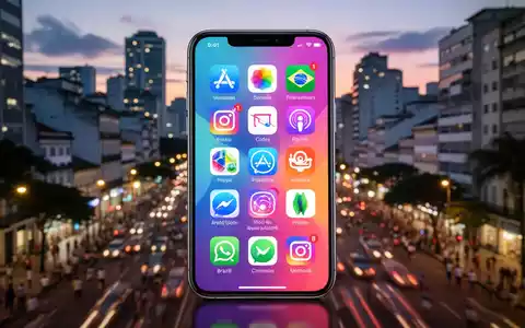 A smartphone screen showing diverse app icons against a blurred background of a Brazilian city, symbolizing new app marketplaces. - Foto: über boerse-global.de