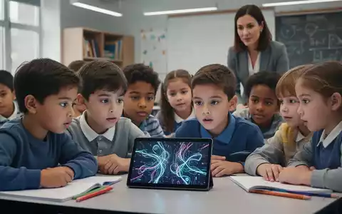 Students in a classroom, some looking at a tablet, with a teacher in the background. Illustrates AI in education policy. - Foto: über boerse-global.de