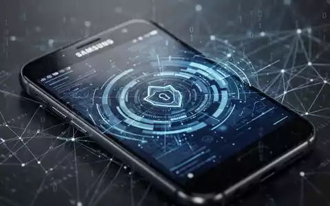 A close-up of a Samsung Galaxy smartphone screen showing digital security icons and AI-related graphics, with binary code in the background. - Foto: über boerse-global.de