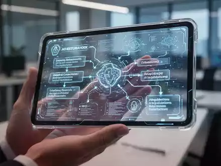 Eine Hand hält ein transparentes Tablet mit komplexen Datenschutz-Flussdiagrammen und KI-Vorschriften in einem modernen Büro. - Foto: über boerse-global.de