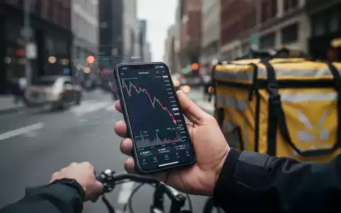 Hand eines Lieferfahrers mit Smartphone, das einen fallenden Aktienchart anzeigt, im Hintergrund verschwommene Stadtstraßen. - Foto: über boerse-global.de