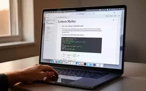 A close-up of a MacBook screen displaying the Lettera Markdown editor with a document open, showcasing its clean interface and typography. - Foto: über boerse-global.de