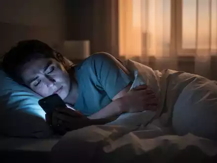 Eine Person liegt nachts wach im Bett, beleuchtet vom kalten Licht eines Smartphones, während im Hintergrund warmes Morgenlicht durch ein Fenster fällt. - Foto: über boerse-global.de