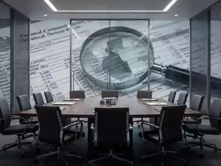 Ein stilisiertes Konferenzzimmer mit modernen Möbeln, überlagert von Finanzdokumenten und einer Lupe, symbolisiert Prüfung und hohe Ausgaben. - Foto: über boerse-global.de