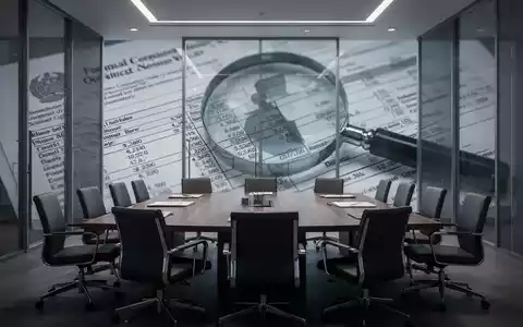 Ein stilisiertes Konferenzzimmer mit modernen Möbeln, überlagert von Finanzdokumenten und einer Lupe, symbolisiert Prüfung und hohe Ausgaben. - Foto: über boerse-global.de