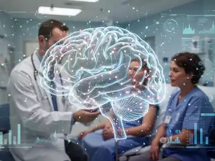A stylized neural network overlaid on a blurred image of a doctor and patient, symbolizing AI's role in medical diagnosis. - Foto: über boerse-global.de
