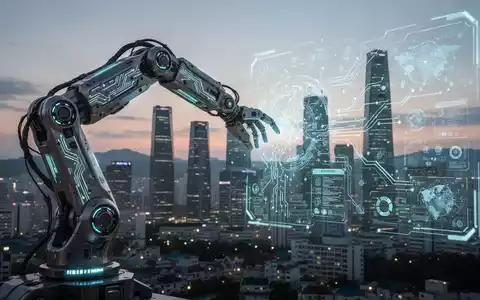 A futuristic robot arm with glowing circuits interacts with a digital interface, symbolizing advanced AI and robotics. - Foto: über boerse-global.de