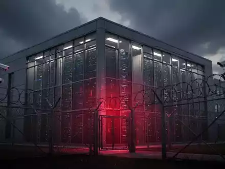 A secure data center building at dusk, with barbed wire fences and security cameras. A faint red glow emanates from inside. - Foto: über boerse-global.de
