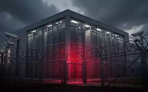 A secure data center building at dusk, with barbed wire fences and security cameras. A faint red glow emanates from inside. - Foto: über boerse-global.de