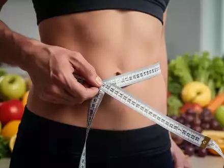 Eine Hand hält ein Maßband um eine Taille, im Hintergrund verschwommenes gesundes Essen, das Ernährung und Forschung darstellt. - Foto: über boerse-global.de
