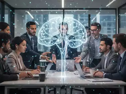 Eine futuristische Darstellung von KI und menschlicher Zusammenarbeit, mit einem leuchtenden neuronalen Netz, das sich über ein Team im Büro legt. - Foto: über boerse-global.de
