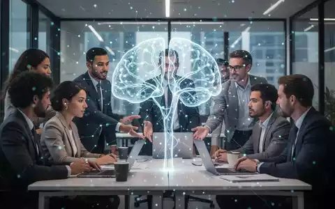 Eine futuristische Darstellung von KI und menschlicher Zusammenarbeit, mit einem leuchtenden neuronalen Netz, das sich über ein Team im Büro legt. - Foto: über boerse-global.de