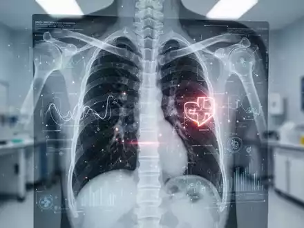 Nahaufnahme einer Lungen-CT-Aufnahme mit digitalen Überlagerungen, die medizinische Diagnose und technologischen Fortschritt darstellen. - Foto: über boerse-global.de
