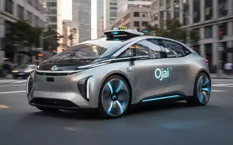 A futuristic white robotaxi with a sleek design and black accents drives on a city street, with blurred buildings in the background. - Foto: über boerse-global.de