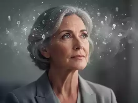 Nachdenkliche Frau in den 50ern mit leicht unscharfen Konturen und einer angedeuteten Darstellung von Denknebels um ihren Kopf. - Foto: über boerse-global.de