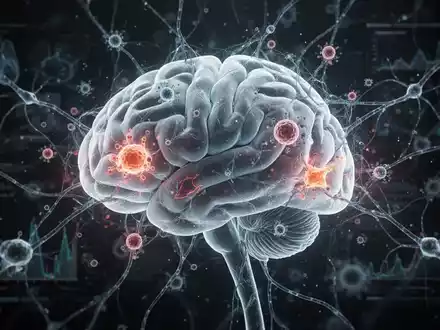 Ein stilisiertes, leuchtendes menschliches Gehirn mit neuralen Netzwerkmustern und abstrakten Darstellungen von Entzündungen und Mikrogefäßschäden. - Foto: über boerse-global.de