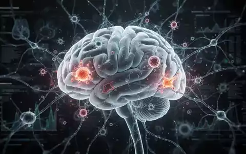 Ein stilisiertes, leuchtendes menschliches Gehirn mit neuralen Netzwerkmustern und abstrakten Darstellungen von Entzündungen und Mikrogefäßschäden. - Foto: über boerse-global.de