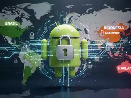 Android logo with secure data streams and padlock icons, superimposed over a global map highlighting key Southeast Asian countries. - Foto: über boerse-global.de