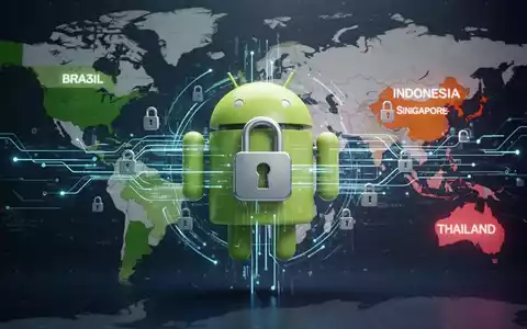 Android logo with secure data streams and padlock icons, superimposed over a global map highlighting key Southeast Asian countries. - Foto: über boerse-global.de