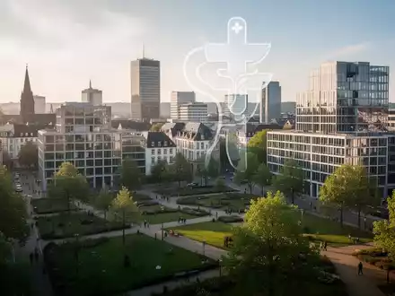 Moderne Wiesbadener Skyline mit grünen Parks und angedeuteten Gesundheitsstrukturen, die Fortschritt und städtische Gesundheit symbolisieren. - Foto: über boerse-global.de