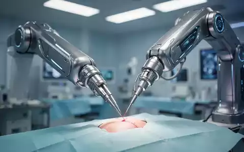 Ein futuristischer Operationsroboterarm mit Präzisionsinstrumenten in einem modernen Operationssaal. - Foto: über boerse-global.de