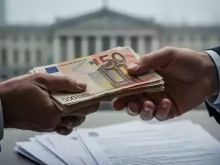 Nahaufnahme von zwei Händen, eine hält Euro-Banknoten, die andere greift danach. Im Hintergrund verschwommene Dokumente. - Foto: über boerse-global.de