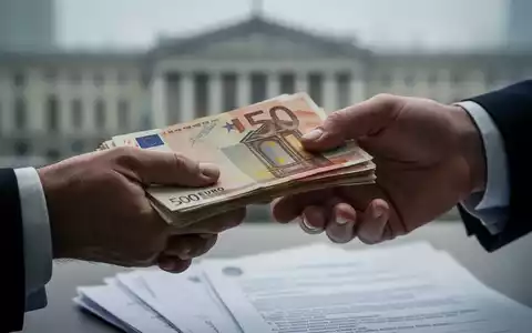 Nahaufnahme von zwei Händen, eine hält Euro-Banknoten, die andere greift danach. Im Hintergrund verschwommene Dokumente. - Foto: über boerse-global.de