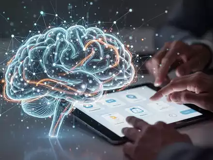 Eine stilisierte Gehirngrafik aus digitalen Knoten und Lichtspuren, die Wissenserwerb und Gedächtnistraining symbolisiert. Im Hintergrund unscharf Hände, die ein Tablet mit einer Quiz-Oberfläche bedienen. - Foto: über boerse-global.de
