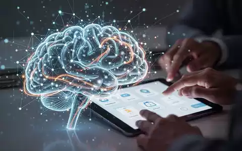 Eine stilisierte Gehirngrafik aus digitalen Knoten und Lichtspuren, die Wissenserwerb und Gedächtnistraining symbolisiert. Im Hintergrund unscharf Hände, die ein Tablet mit einer Quiz-Oberfläche bedienen. - Foto: über boerse-global.de