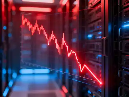 Abstrakte Darstellung eines fallenden Aktienkurses mit roten Linien vor einem Hintergrund von Servern, die einen erheblichen Börsenwertverlust im Technologiesektor symbolisieren. - Foto: über boerse-global.de