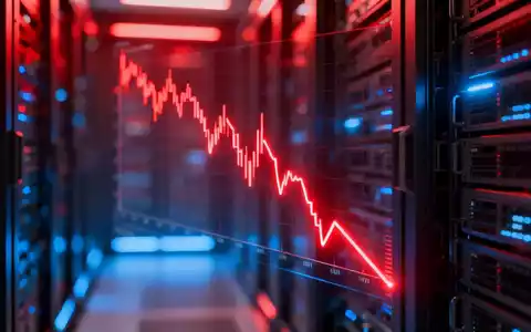 Abstrakte Darstellung eines fallenden Aktienkurses mit roten Linien vor einem Hintergrund von Servern, die einen erheblichen Börsenwertverlust im Technologiesektor symbolisieren. - Foto: über boerse-global.de