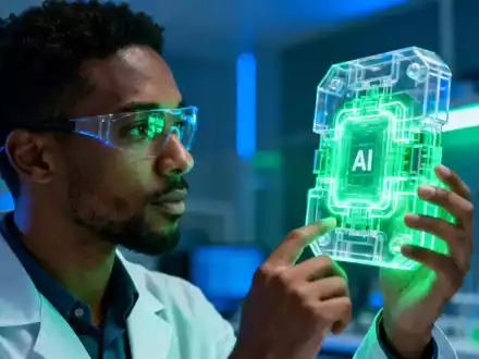 Dr. Noah Burns, ein KI-Forscher, betrachtet ein leuchtendes, modulares KI-Bauteil in einem High-Tech-Labor. - Foto: über boerse-global.de